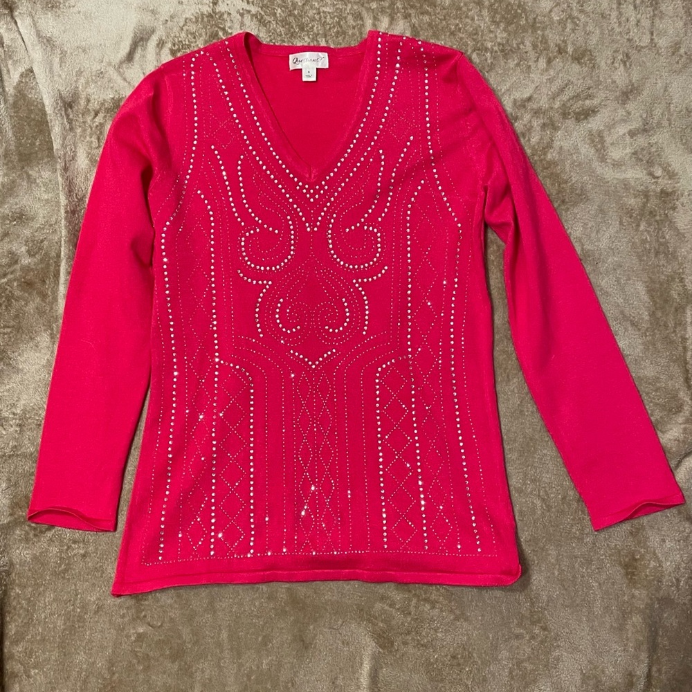 Questions? Elegant Pink V-Neck Sweater with Embellishments Size Small